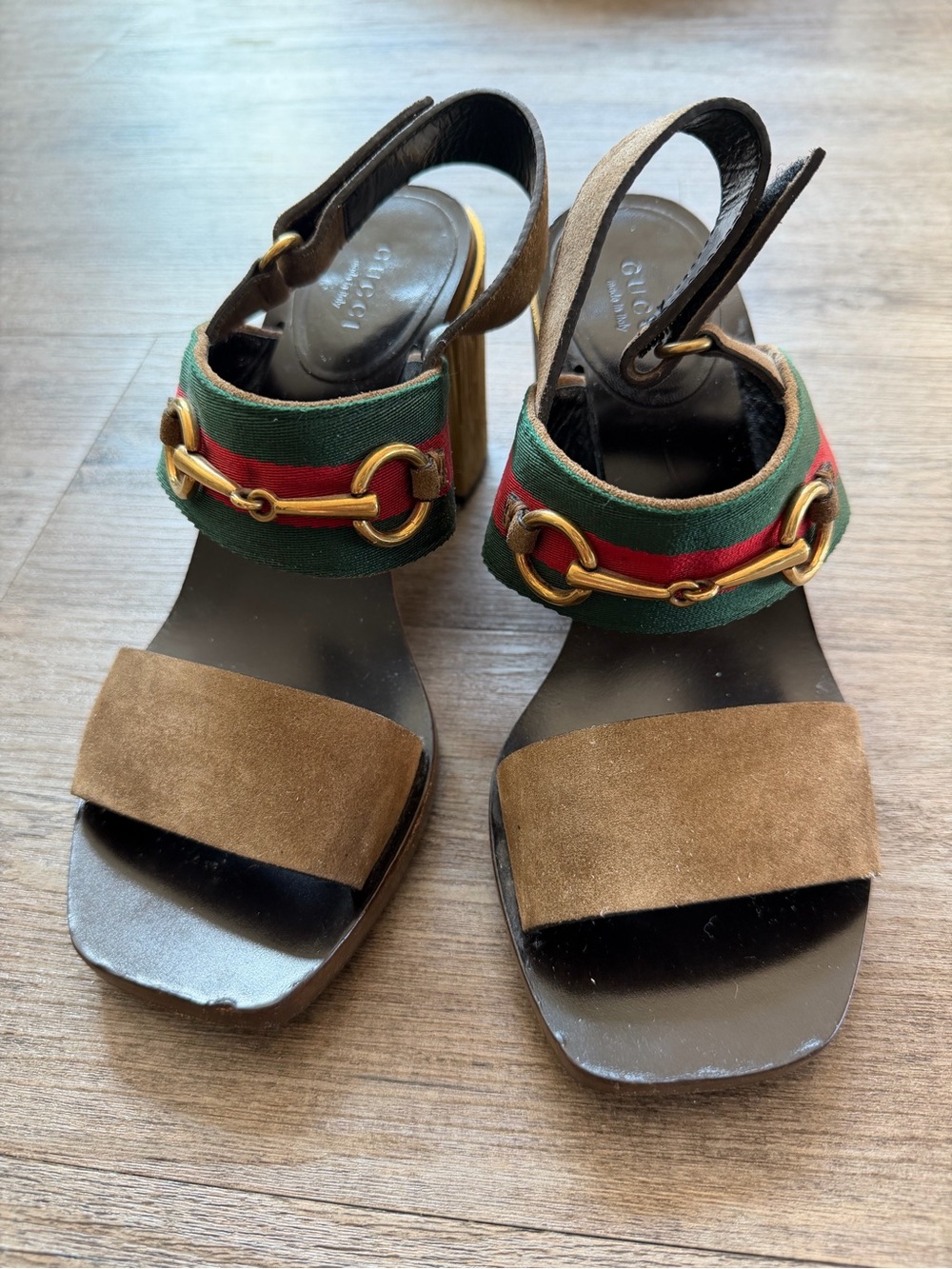 Gucci Women’s Brown Suede & Green Red Web Slingback Sandals
